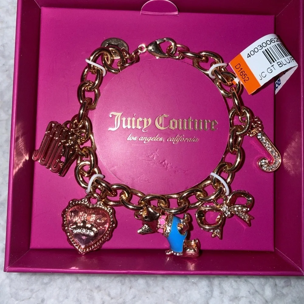 New Juicy Couture Gold Bracelet with Scottie Dog, Heart, Logo, Ribbon Charms